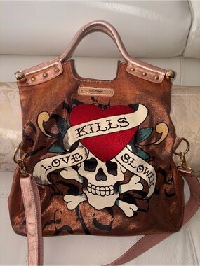Ed Hardy Metallic Copper Shoulder Bag with Red Heart Skull Graphic